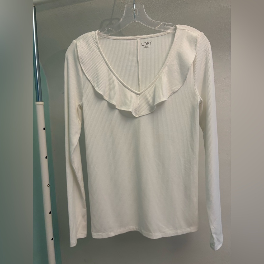 LOFT Cream Ruffle V-Neck Blouse - Picture 3 of 5